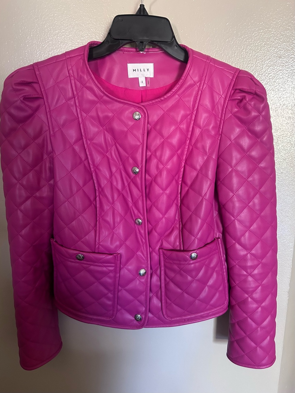 Milly Hot Pink Hollie Quilted Vegan Faux Leather Jacket Size 2 $495